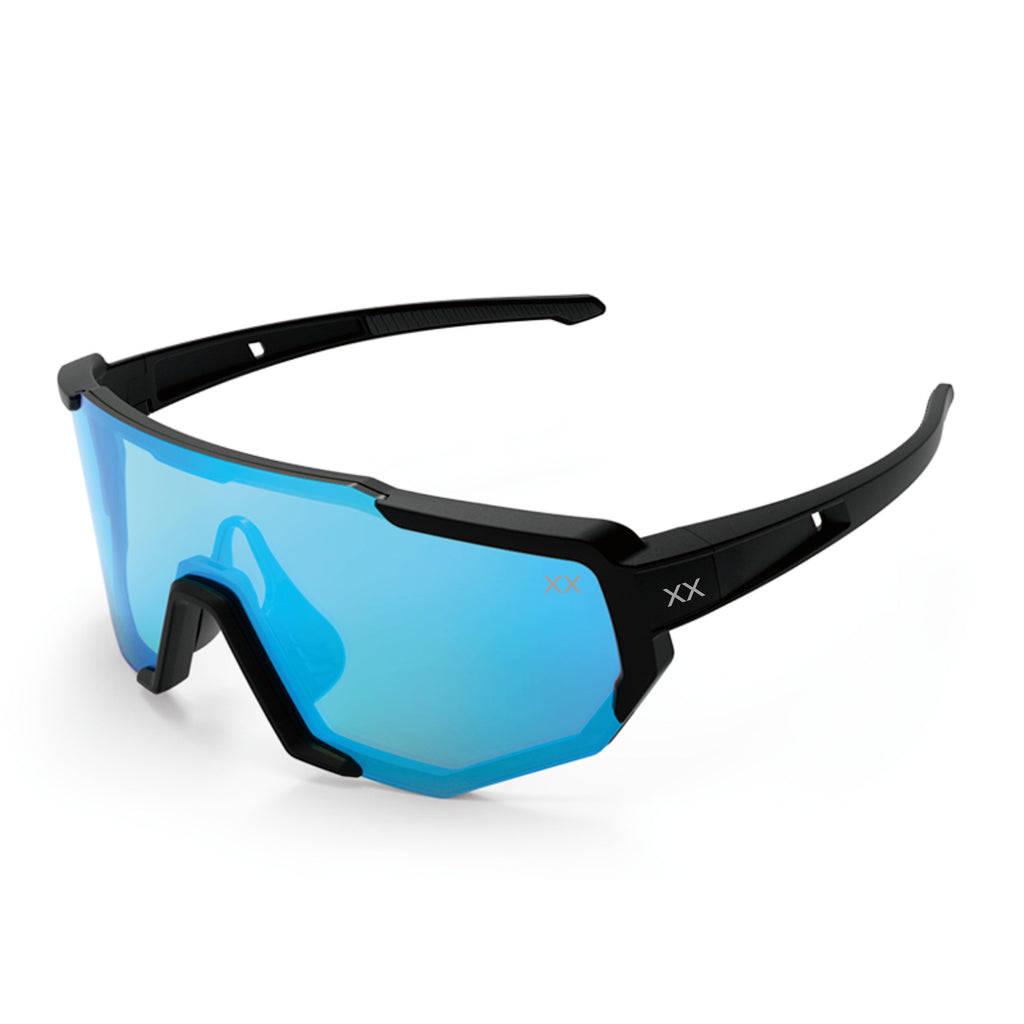 BLACKOUT BARBELL Mako Running Glasses — Black / Blue Lens in black / blue — front view