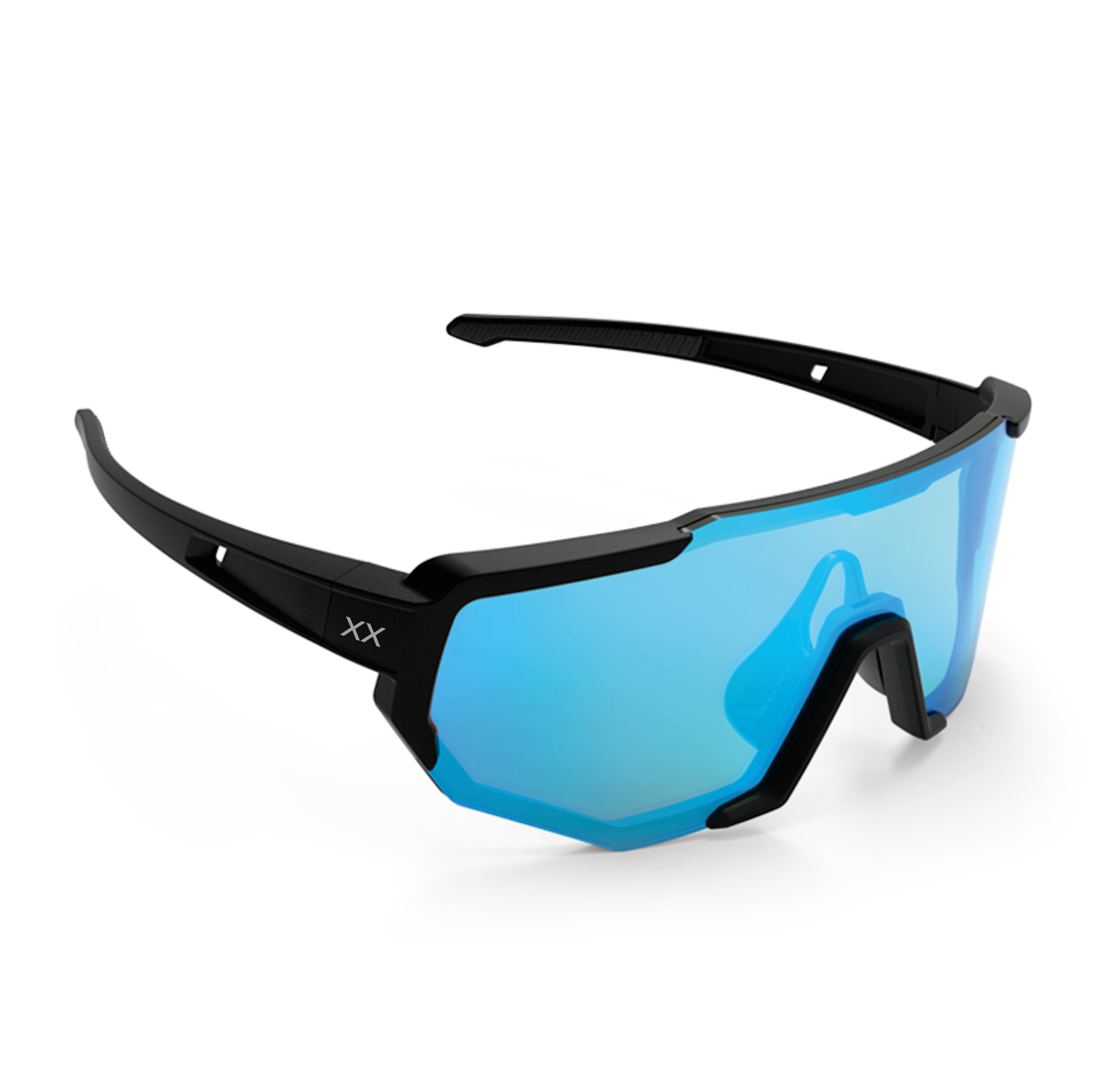 BLACKOUT BARBELL Mako Running Glasses — Black / Blue Lens in black / blue — back view